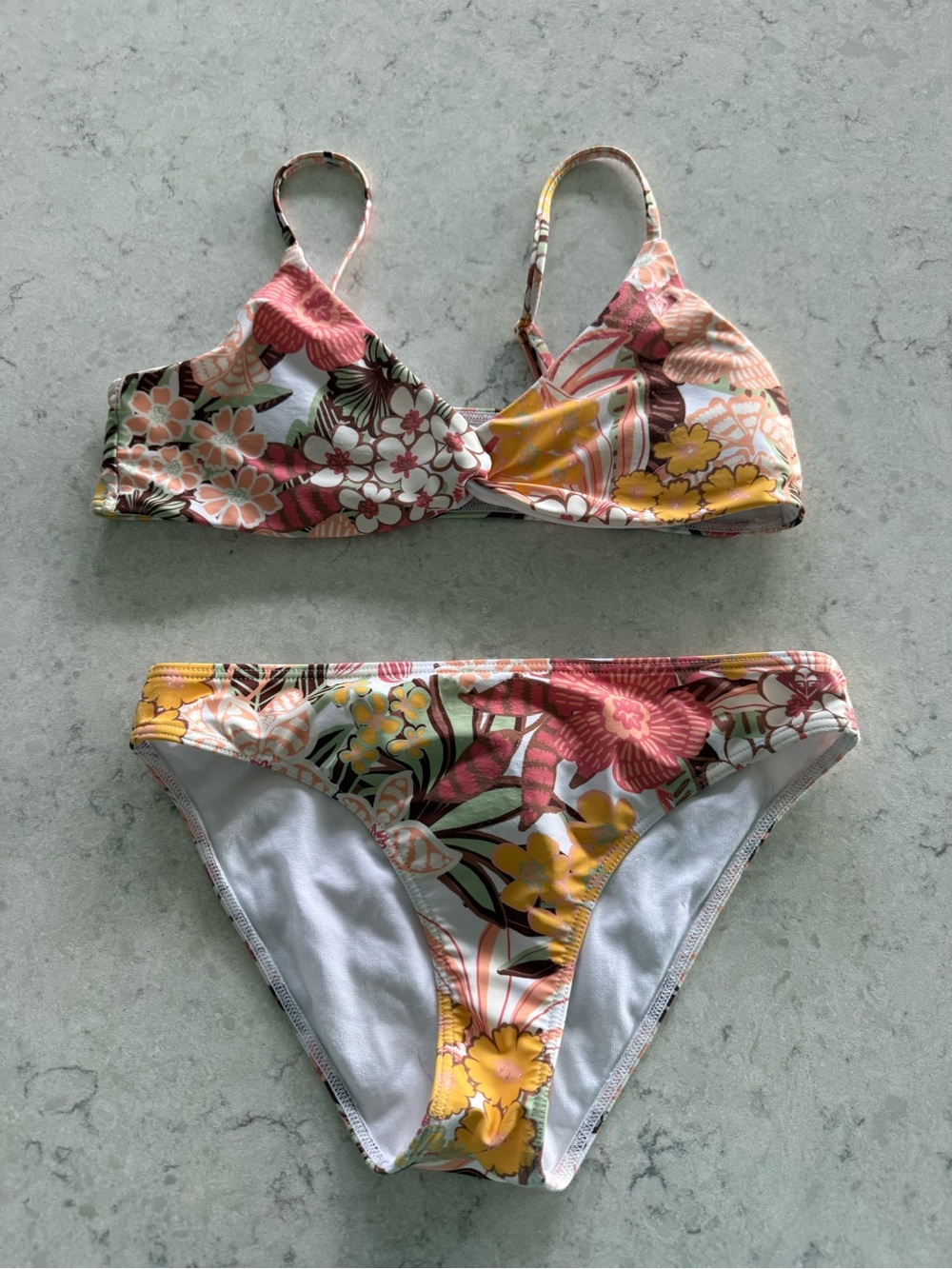 Roxy Floral Bikini Top in White, Pink & Yellow